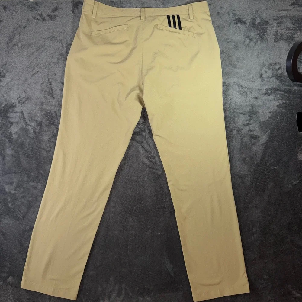 Mens 36x32 Adidas Golf Pants Khaki Excellent 3-Stripe Flat Front Trousers
